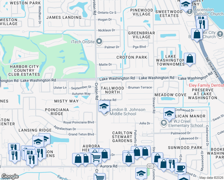 map of restaurants, bars, coffee shops, grocery stores, and more near 1960 Tallpalm Road in Melbourne
