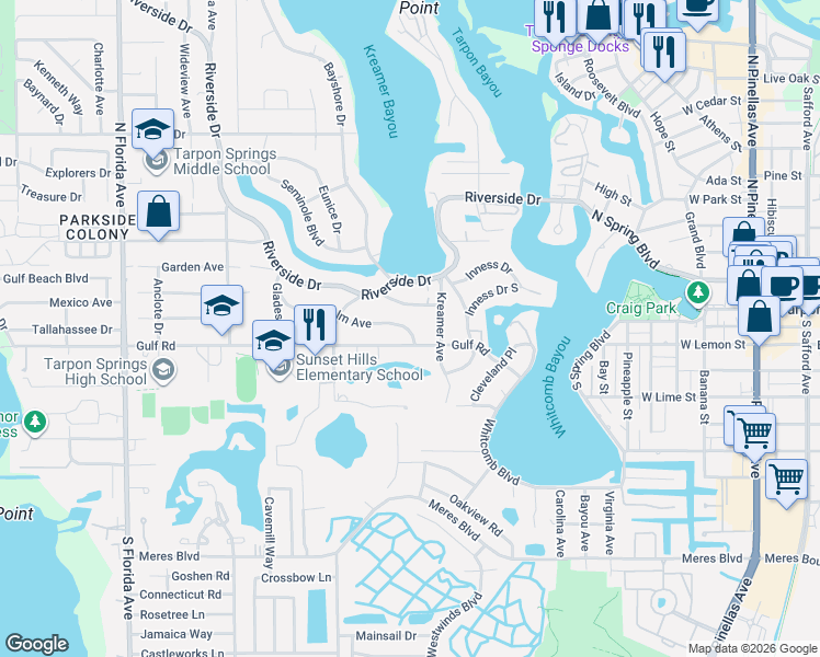 map of restaurants, bars, coffee shops, grocery stores, and more near 502 Hillcrest Avenue in Tarpon Springs