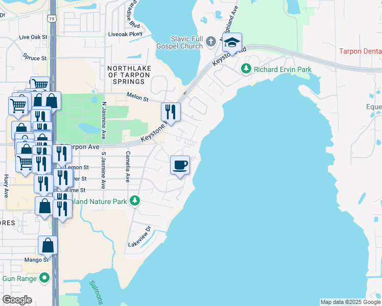 map of restaurants, bars, coffee shops, grocery stores, and more near 90 South Highland Avenue in Tarpon Springs