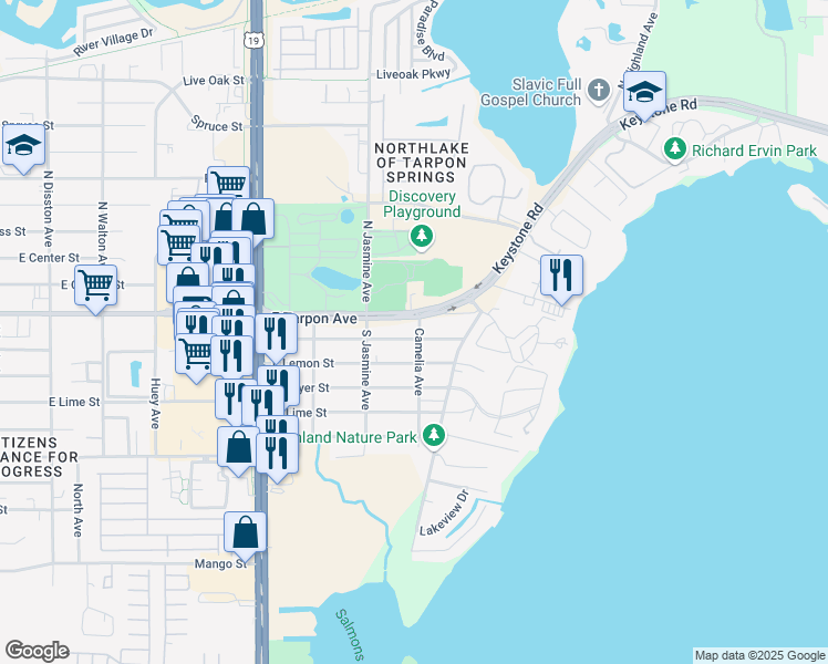 map of restaurants, bars, coffee shops, grocery stores, and more near 1300 East Tarpon Avenue in Tarpon Springs