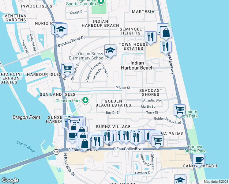 map of restaurants, bars, coffee shops, grocery stores, and more near 239 Marion Street in Satellite Beach