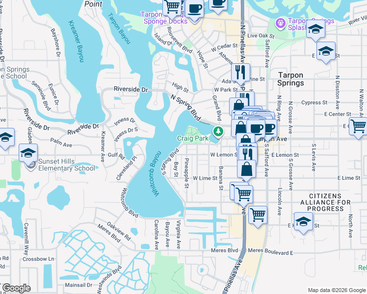 map of restaurants, bars, coffee shops, grocery stores, and more near 400-480 South Spring Boulevard in Tarpon Springs