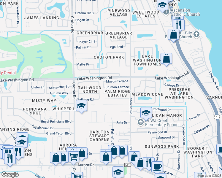 map of restaurants, bars, coffee shops, grocery stores, and more near 1750 Bruman Terrace in Melbourne