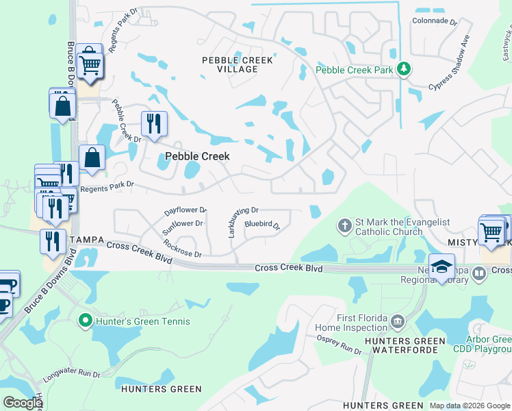 map of restaurants, bars, coffee shops, grocery stores, and more near 9432 Larkbunting Drive in Tampa