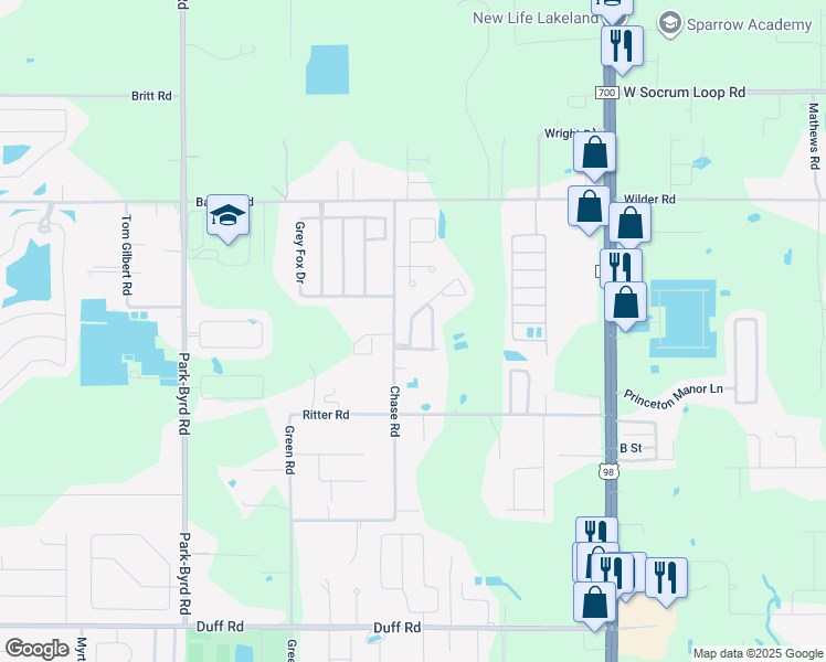 map of restaurants, bars, coffee shops, grocery stores, and more near 8034 Settlers Creek Lane in Lakeland