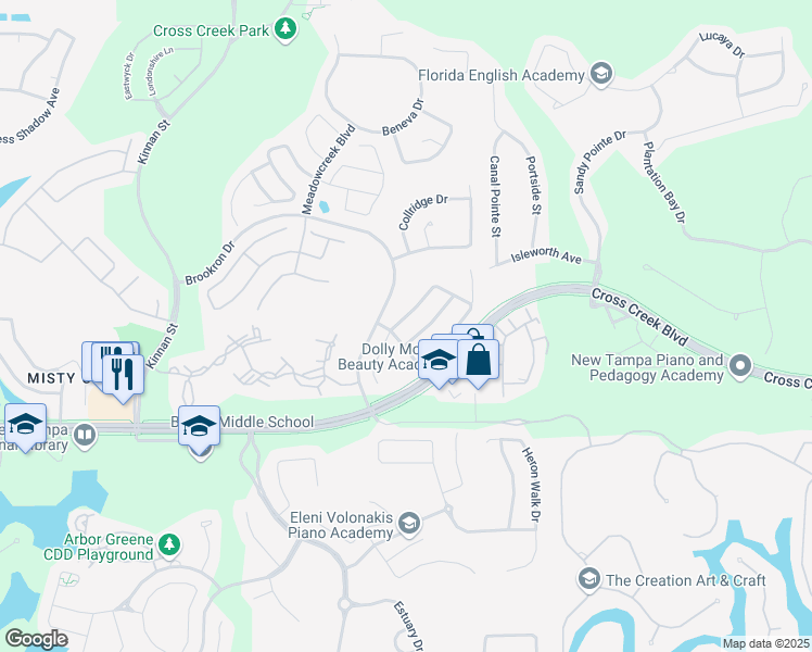 map of restaurants, bars, coffee shops, grocery stores, and more near 18107 Birdwater Drive in Tampa