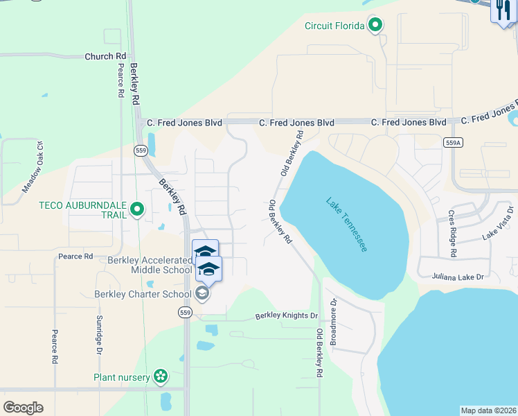 map of restaurants, bars, coffee shops, grocery stores, and more near 4203 Kempski Drive in Auburndale