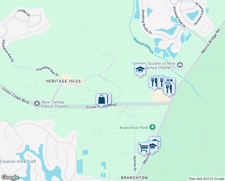 map of restaurants, bars, coffee shops, grocery stores, and more near 18143 Nassau Point Drive in Tampa