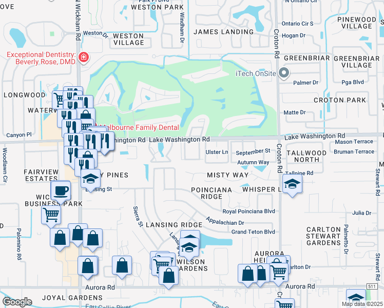 map of restaurants, bars, coffee shops, grocery stores, and more near 2420 Central Park Drive in Melbourne