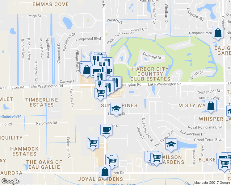 map of restaurants, bars, coffee shops, grocery stores, and more near 2447 North Wickham Road in Melbourne