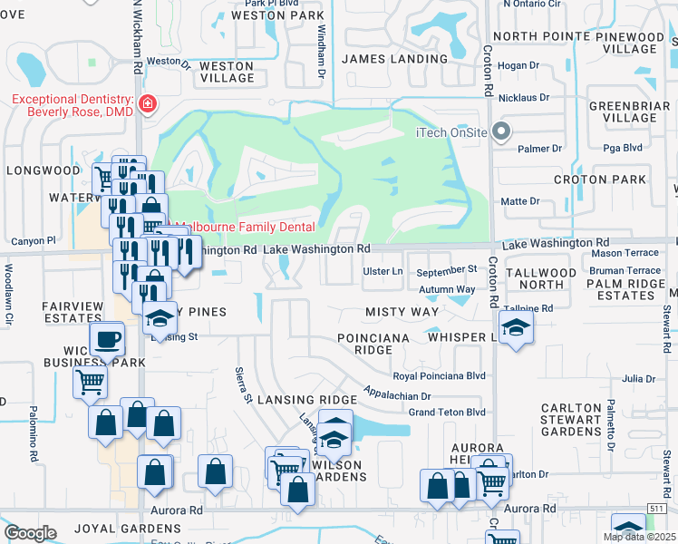 map of restaurants, bars, coffee shops, grocery stores, and more near 2377 Eden Park Drive in Melbourne