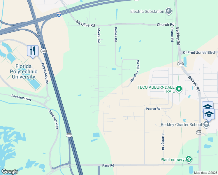 map of restaurants, bars, coffee shops, grocery stores, and more near 1765 Coquina Drive in Polk City