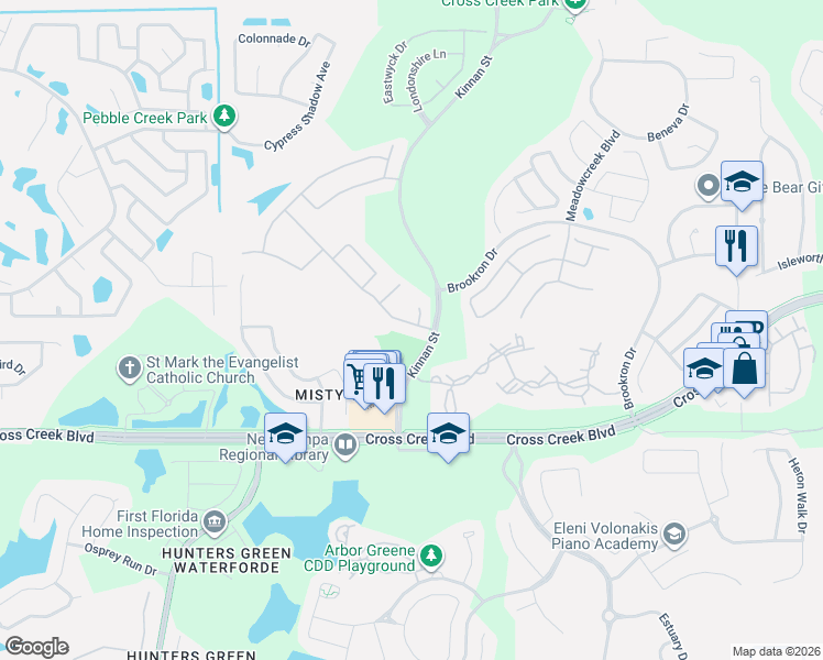 map of restaurants, bars, coffee shops, grocery stores, and more near 10115 Kingshyre Way in Tampa
