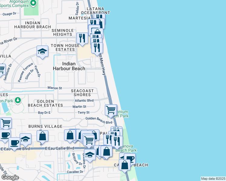 map of restaurants, bars, coffee shops, grocery stores, and more near 2085 Florida A1A in Indian Harbour Beach
