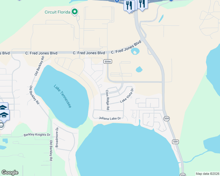 map of restaurants, bars, coffee shops, grocery stores, and more near 324 Crescent Ridge Road in Auburndale