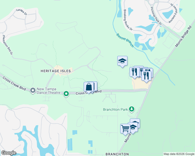 map of restaurants, bars, coffee shops, grocery stores, and more near 18141 Nassau Point Drive in Tampa