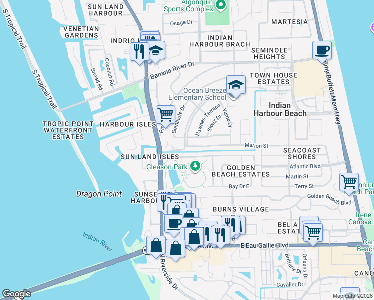 map of restaurants, bars, coffee shops, grocery stores, and more near 279 Marion Street in Satellite Beach