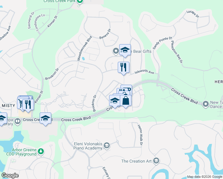 map of restaurants, bars, coffee shops, grocery stores, and more near 18120 Lembrecht Way in Tampa