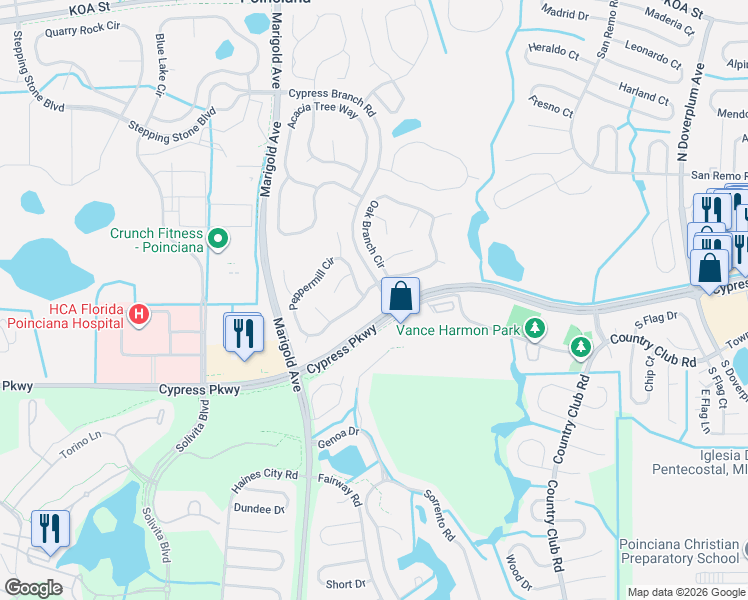 map of restaurants, bars, coffee shops, grocery stores, and more near 519 Peppermill Circle in Kissimmee