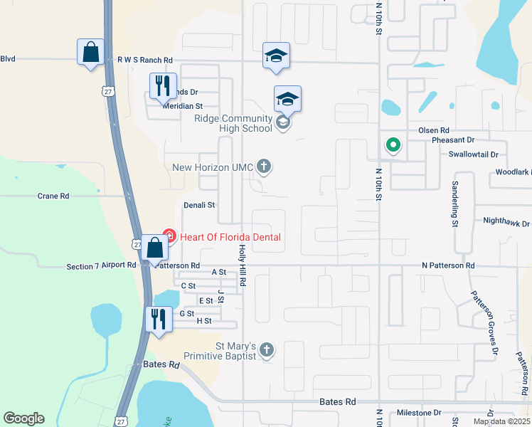 map of restaurants, bars, coffee shops, grocery stores, and more near 1350 Lassen Street in Haines City