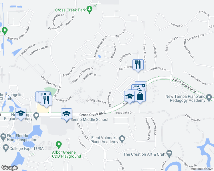 map of restaurants, bars, coffee shops, grocery stores, and more near 18042 Birdwater Drive in Tampa