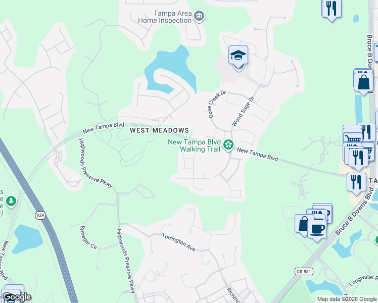 map of restaurants, bars, coffee shops, grocery stores, and more near 18918 Nest Fern Circle in Tampa