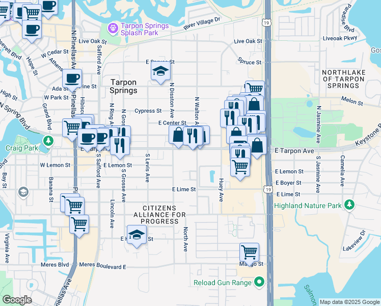 map of restaurants, bars, coffee shops, grocery stores, and more near 624 East Tarpon Avenue in Tarpon Springs