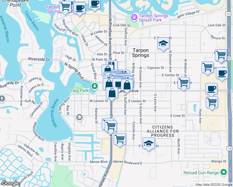 map of restaurants, bars, coffee shops, grocery stores, and more near 15 North Pinellas Avenue in Tarpon Springs