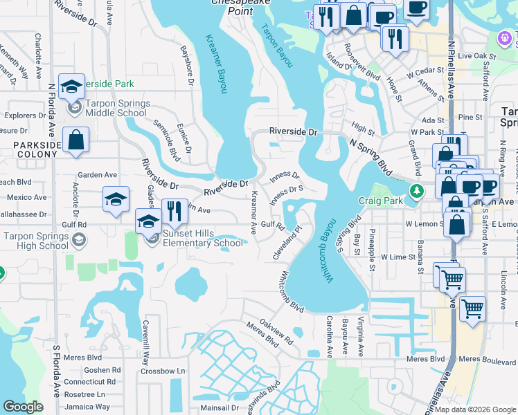 map of restaurants, bars, coffee shops, grocery stores, and more near 27 North Park Avenue in Tarpon Springs