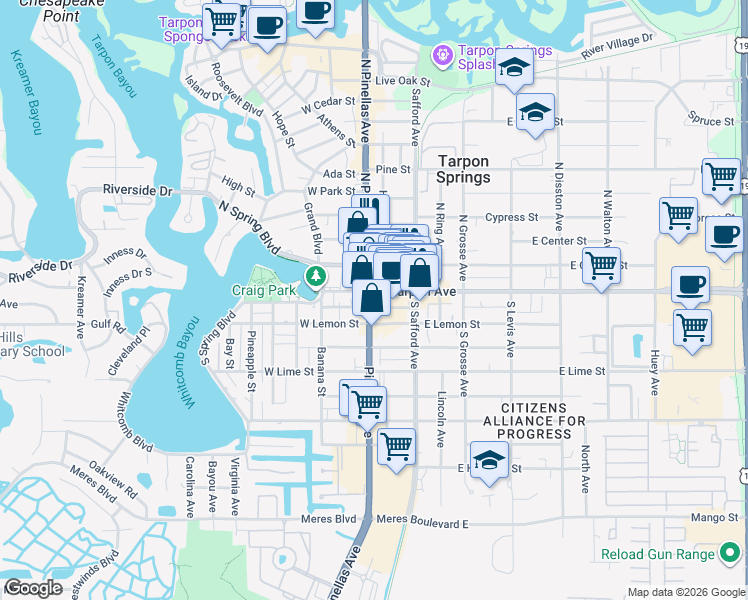 map of restaurants, bars, coffee shops, grocery stores, and more near 19 South Pinellas Avenue in Tarpon Springs