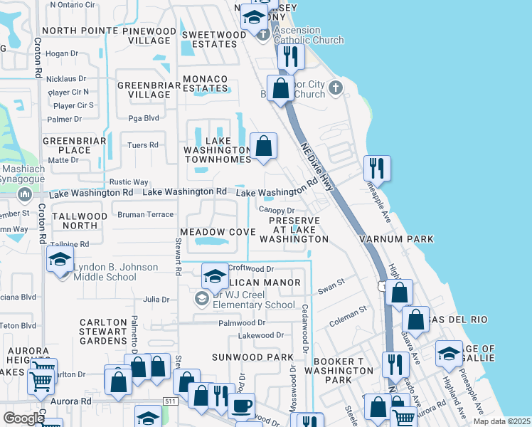 map of restaurants, bars, coffee shops, grocery stores, and more near 2350 Canopy Drive in Melbourne