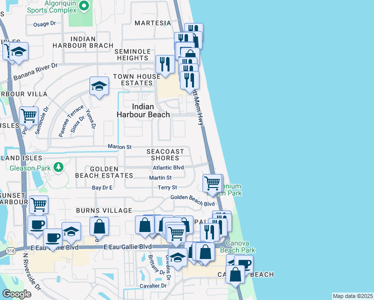 map of restaurants, bars, coffee shops, grocery stores, and more near 201 Dorothy Lane in Satellite Beach