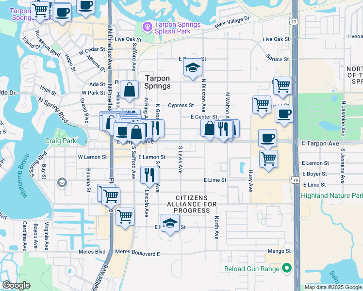 map of restaurants, bars, coffee shops, grocery stores, and more near 3 South Levis Avenue in Tarpon Springs