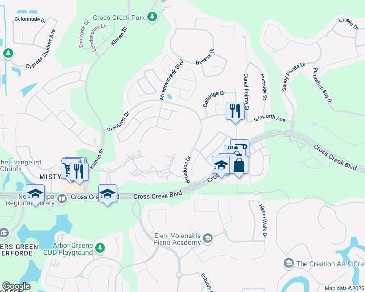 map of restaurants, bars, coffee shops, grocery stores, and more near 18042 Birdwater Drive in Tampa