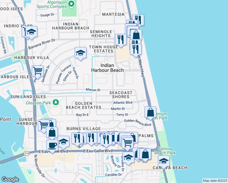 map of restaurants, bars, coffee shops, grocery stores, and more near 123 Marion Street in Satellite Beach