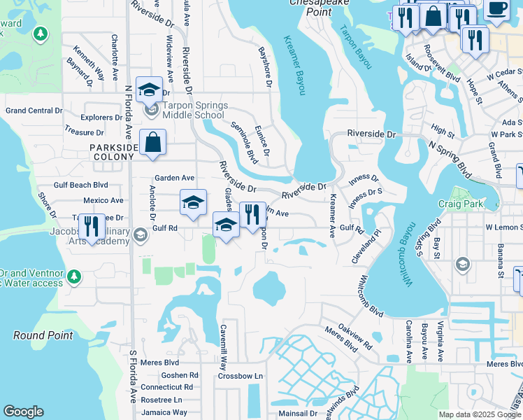 map of restaurants, bars, coffee shops, grocery stores, and more near 17 Tarpon Drive in Tarpon Springs