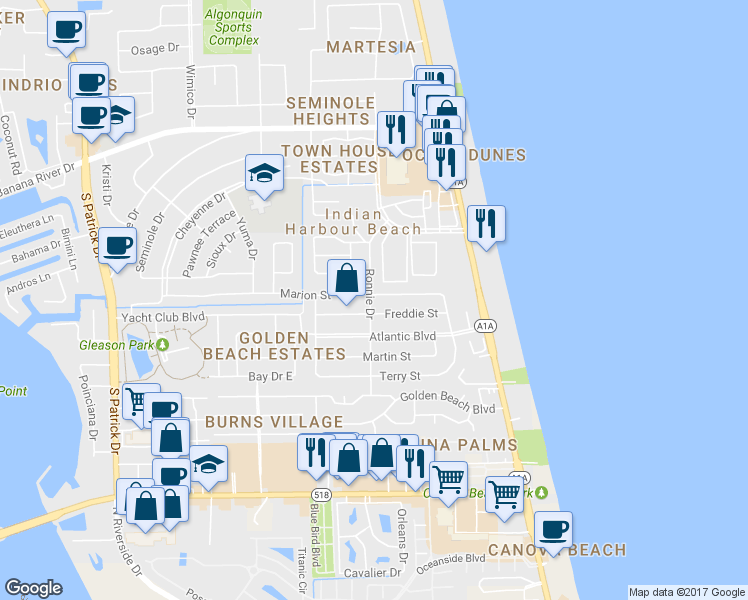 map of restaurants, bars, coffee shops, grocery stores, and more near 123 Marion Street in Satellite Beach