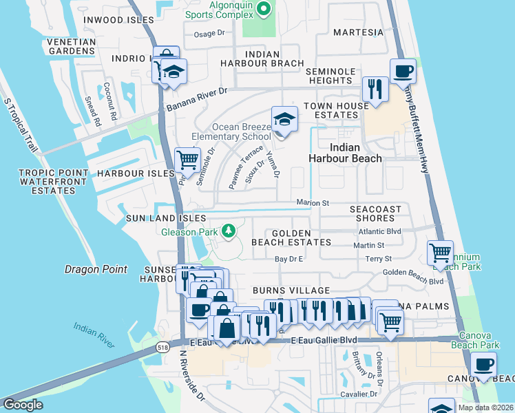 map of restaurants, bars, coffee shops, grocery stores, and more near 255 Marion Street in Satellite Beach