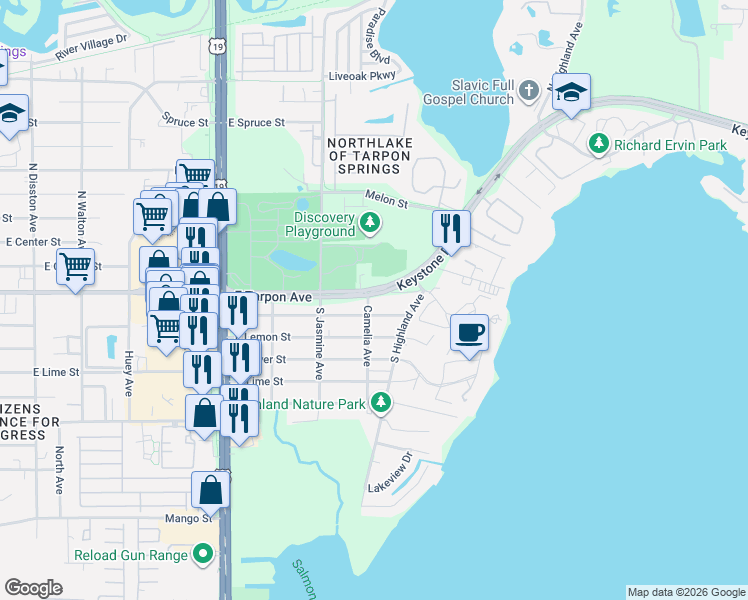 map of restaurants, bars, coffee shops, grocery stores, and more near 1300 East Tarpon Avenue in Tarpon Springs