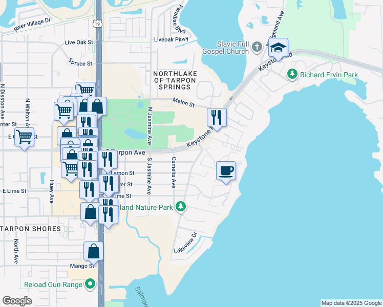 map of restaurants, bars, coffee shops, grocery stores, and more near 1312 East Tarpon Avenue in Tarpon Springs
