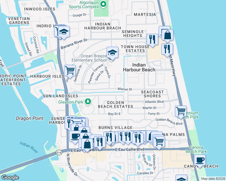map of restaurants, bars, coffee shops, grocery stores, and more near 239 Marion Street in Satellite Beach