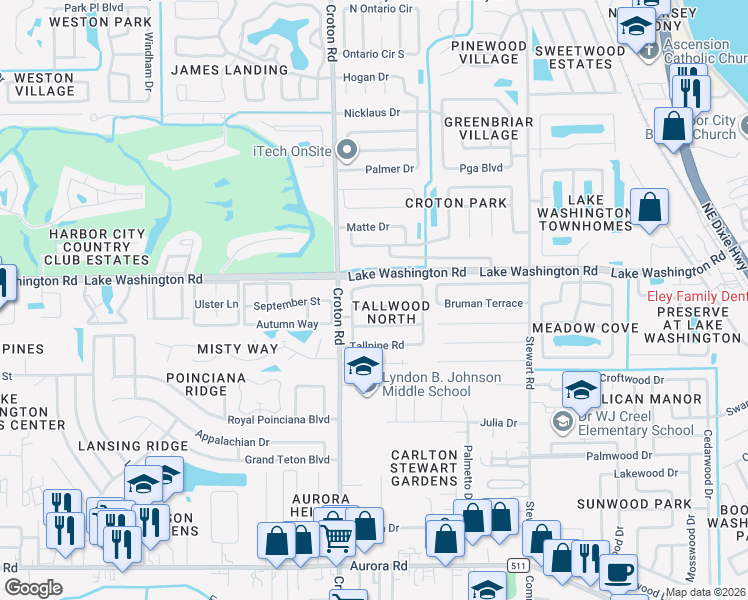 map of restaurants, bars, coffee shops, grocery stores, and more near 1960 Tallpalm Road in Melbourne