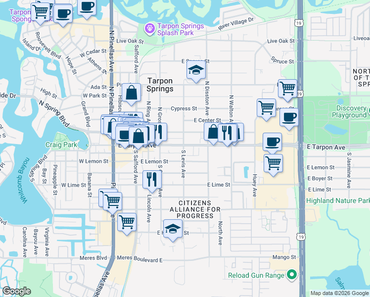 map of restaurants, bars, coffee shops, grocery stores, and more near 3 South Levis Avenue in Tarpon Springs