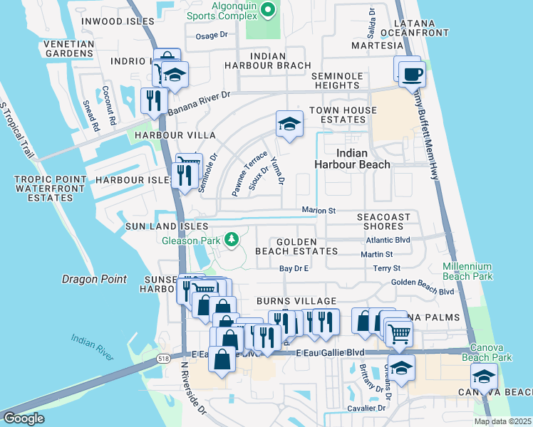 map of restaurants, bars, coffee shops, grocery stores, and more near 255 Marion Street in Satellite Beach