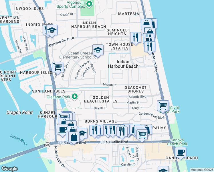 map of restaurants, bars, coffee shops, grocery stores, and more near 225 Marion Street in Satellite Beach