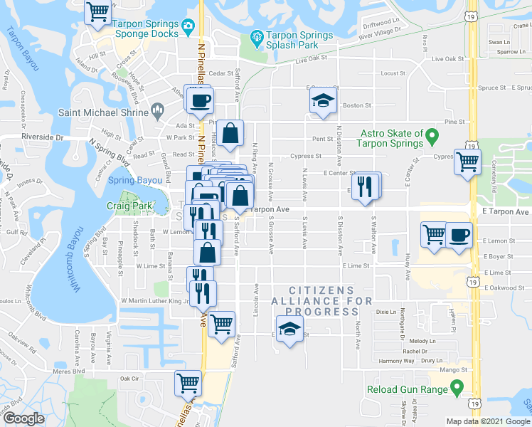 map of restaurants, bars, coffee shops, grocery stores, and more near 310 East Tarpon Avenue in Tarpon Springs
