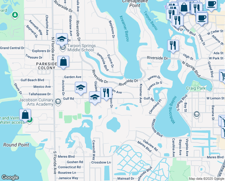 map of restaurants, bars, coffee shops, grocery stores, and more near 17 Tarpon Drive in Tarpon Springs