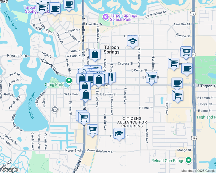 map of restaurants, bars, coffee shops, grocery stores, and more near 310 East Tarpon Avenue in Tarpon Springs