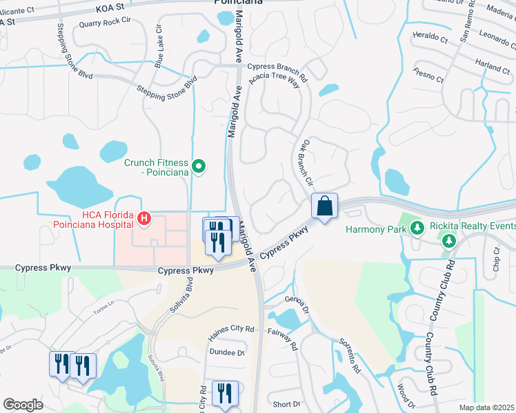 map of restaurants, bars, coffee shops, grocery stores, and more near 448 Peppermill Circle in Kissimmee