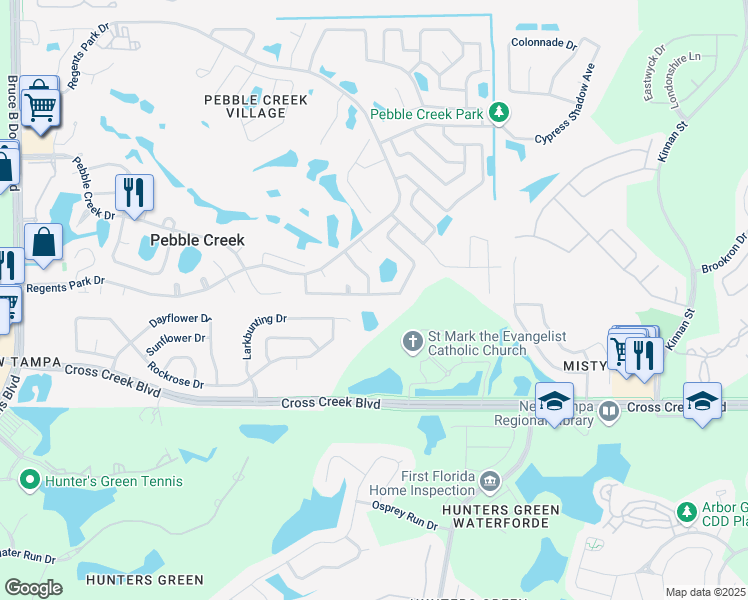 map of restaurants, bars, coffee shops, grocery stores, and more near 9501 Pebble Glen Avenue in Tampa
